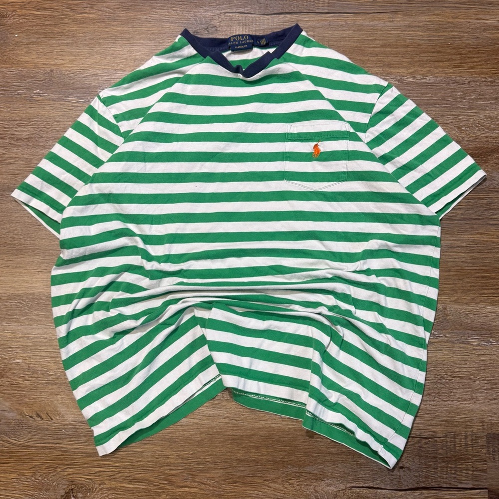 Polo by Ralph Lauren Green & White Striped Short Sleeve Tee with Navy Trim